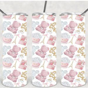 Women's Pink White Gold Valentines Design 20oz Tumbler Coaster Teddy Gift Set